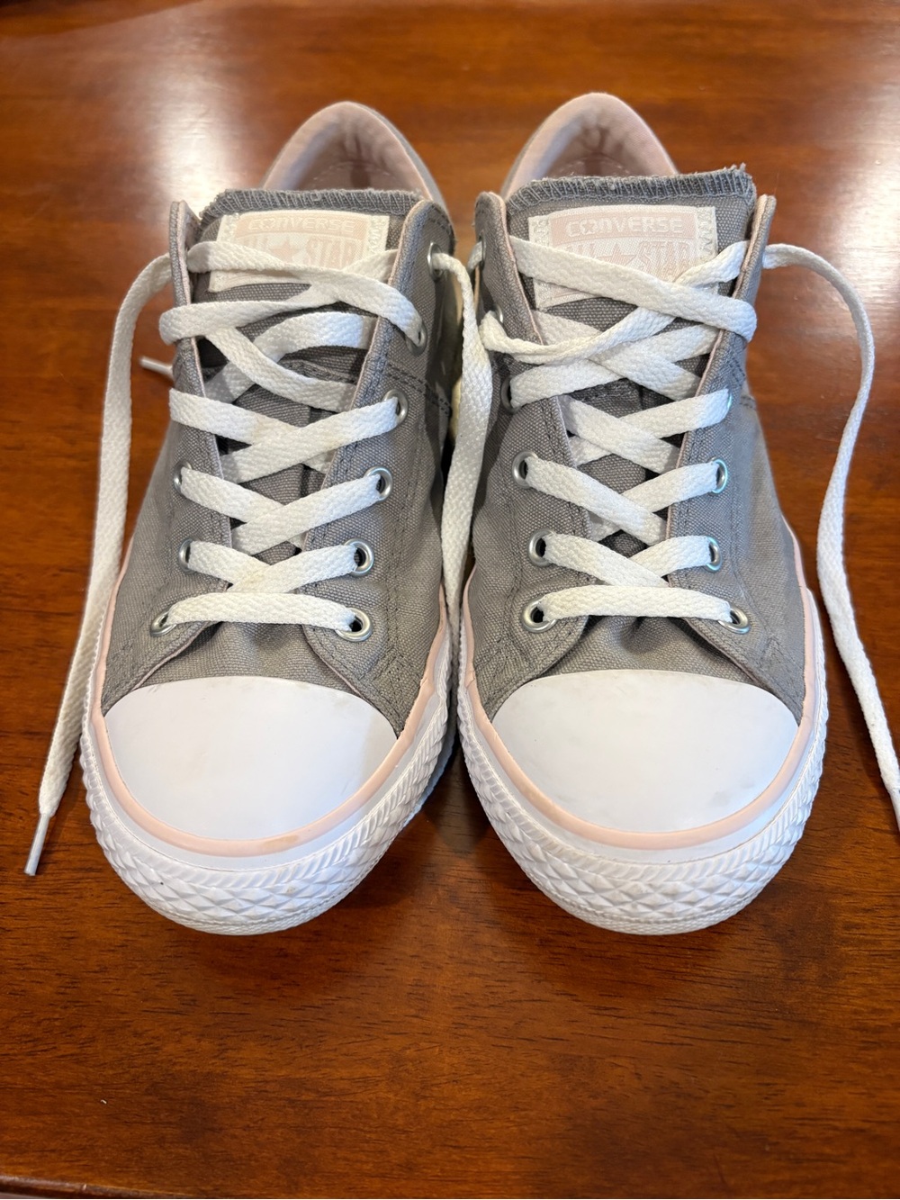 Converse Women Low Top Canvas Sneakers in Gray and Light Pink Trim